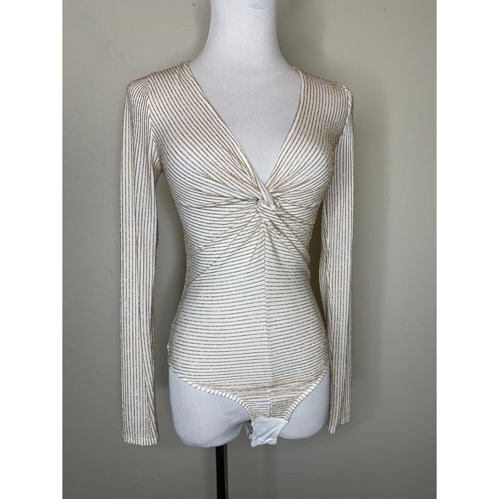 Francesca's Cream Gold Bodysuit Twist Bust Sz XS Coquette Glam - Picture 7 of 9
